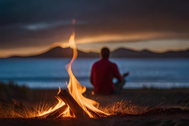 Photo a man sits on the beach and watches the sunset.