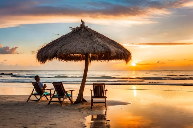 A man sits on a beach with a beach umbrella and a woman sits under a beach umbrella.