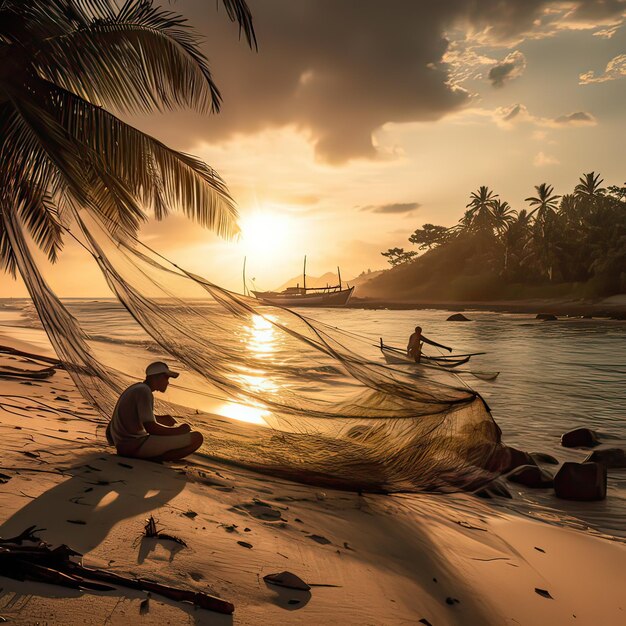 A man sits on a beach with a fishing net in front of a palm tree.