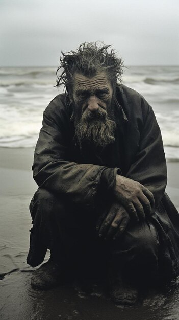 a man sits on the beach with the ocean in the background.