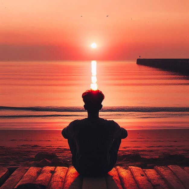 A man sits on a beach with the sun setting behind him