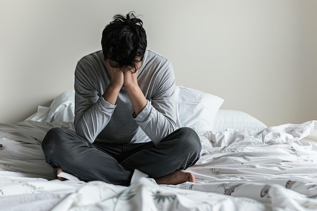 男性が頭の上でベッドに座っています