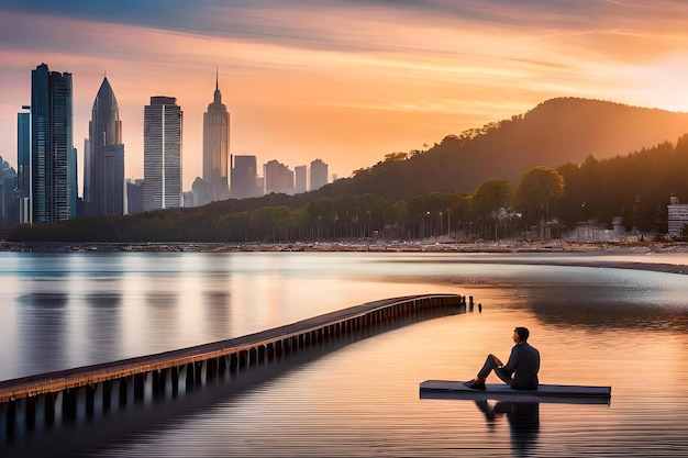 A man sits on a bench in front of a city skyline at sunset.