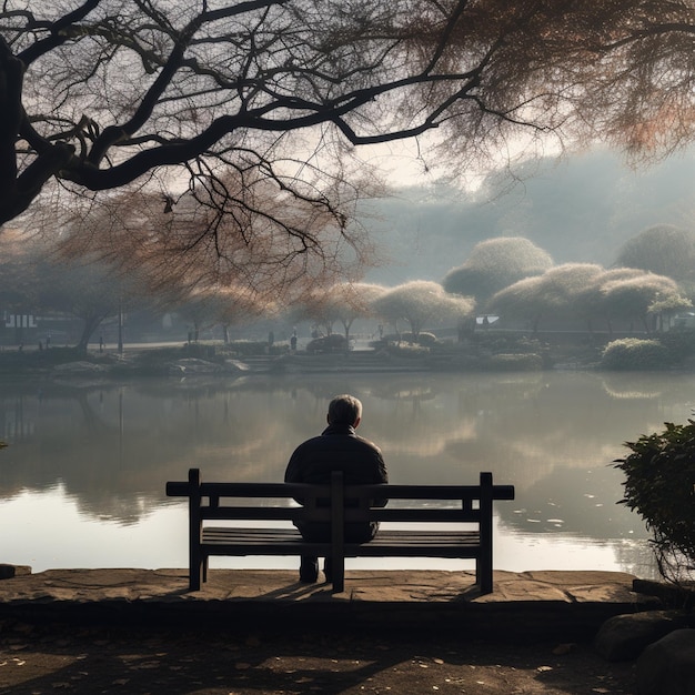 한 남자가 배경에 나무가 있는 호수 앞의 벤치에 앉아 있다.