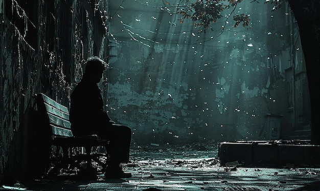 Photo a man sits on a bench in front of a wall with a tree in the background