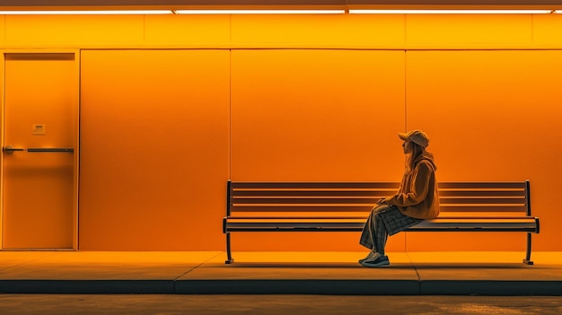 Photo a man sits on a bench in front of a yellow wall