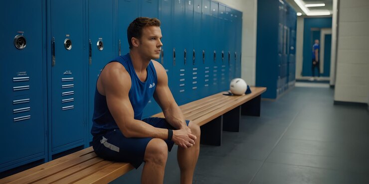 a man sits on a bench in a gym with the lockers behind him