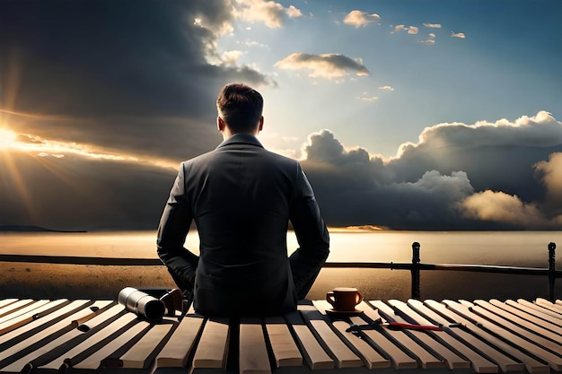 A man sits on a bench looking out to sea.