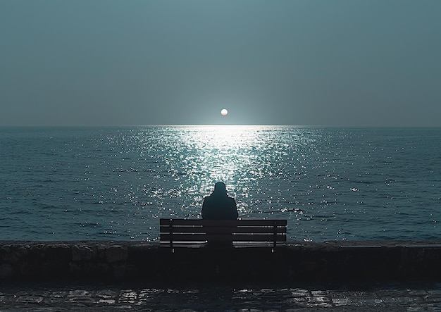 a man sits on a bench overlooking the ocean and the sun is shining on the water