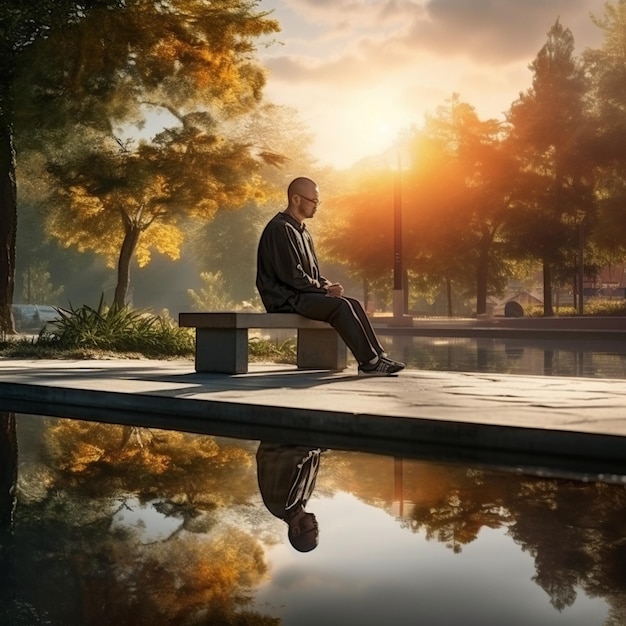 a man sits on a bench in a park in the fall.