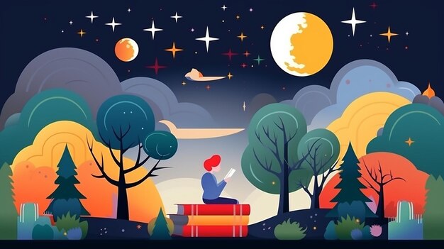 a man sits on a bench reading a book under the stars.