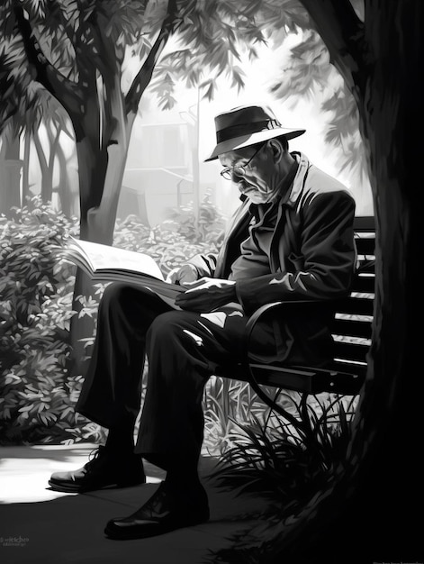 Photo a man sits on a bench reading a book.