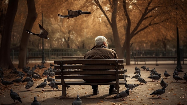 A man sits on a bench surrounded by pigeons