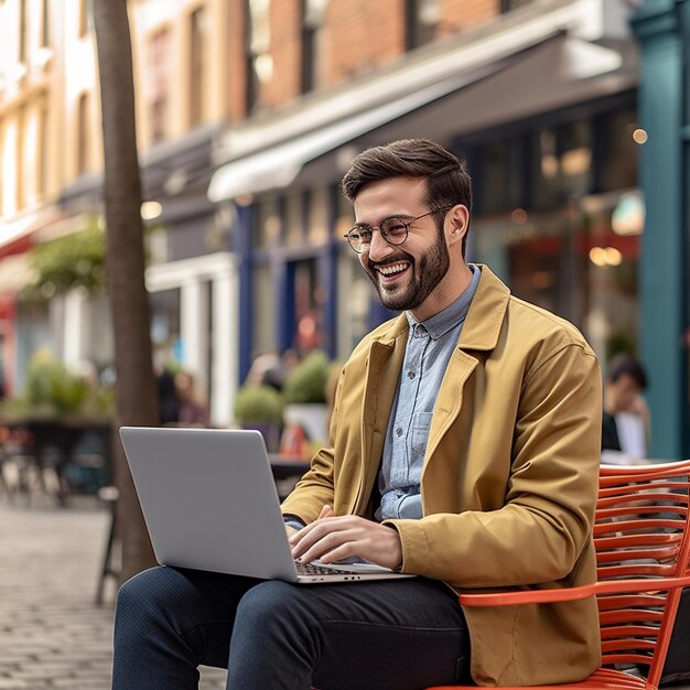 a man sits on a bench with a laptop