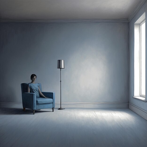 a man sits in a blue chair in a room with a lamp and a lamp