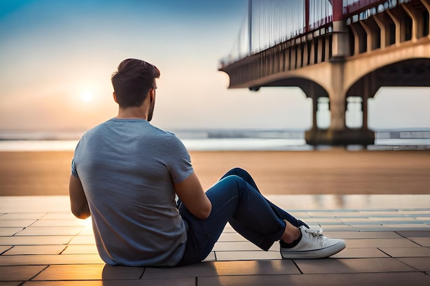 A man sits on a boardwalk with a bridge in the background