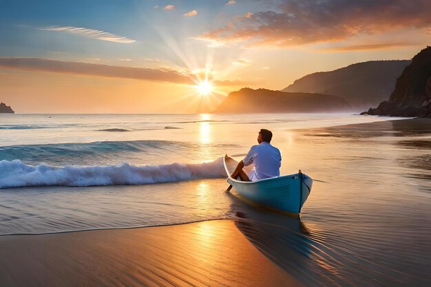 A man sits in a boat on a beach at sunset.