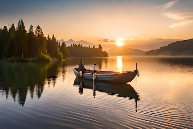 A man sits on a boat in a lake at sunset.