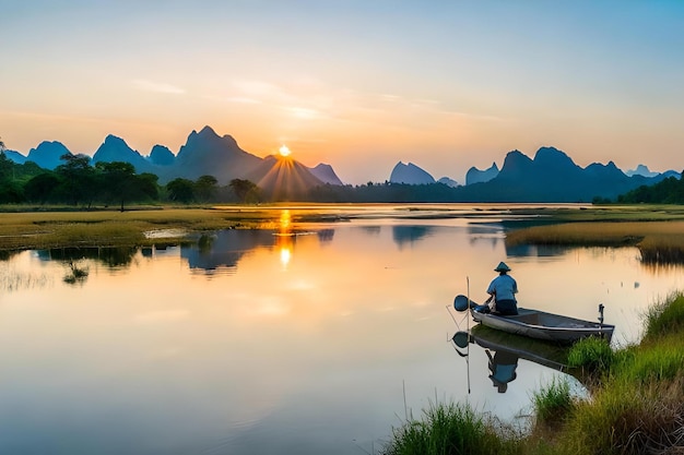 A man sits in a boat on a lake with the sun setting behind him.