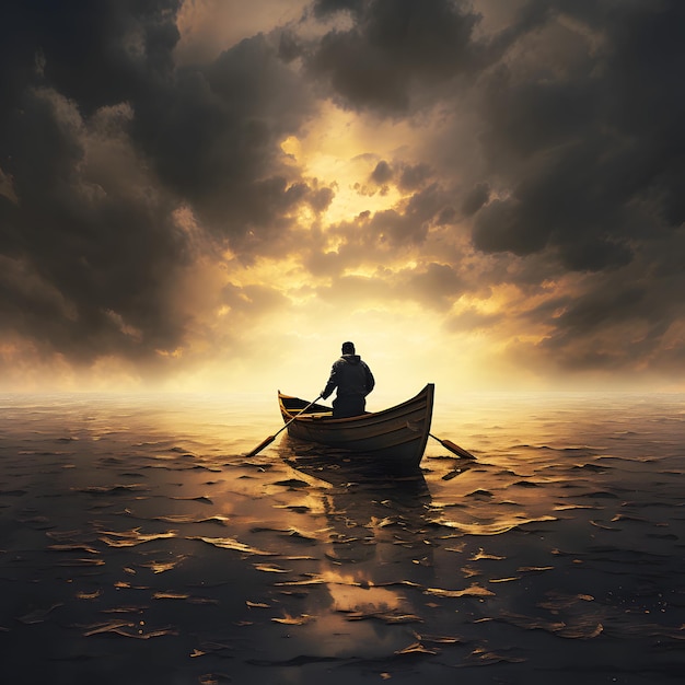 A man sits in a boat in the middle of a sunset.