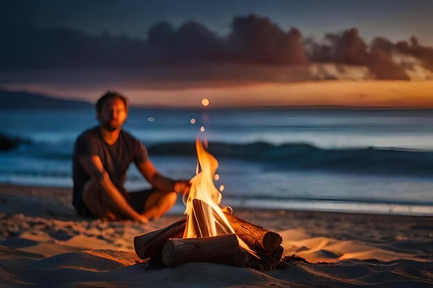 A man sits by a campfire on the beach and is sitting next to a fire with a fire in the background