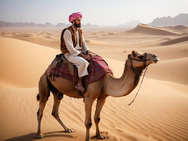 한 남자가 사막에서 낙타를 타고 앉아 있다