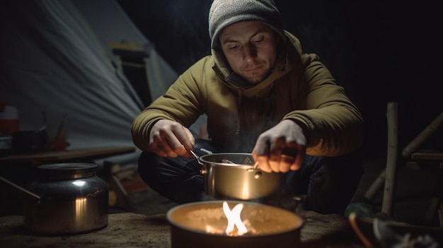 男はキャンプファイヤーのそばに座って、鍋で食べ物を調理します。