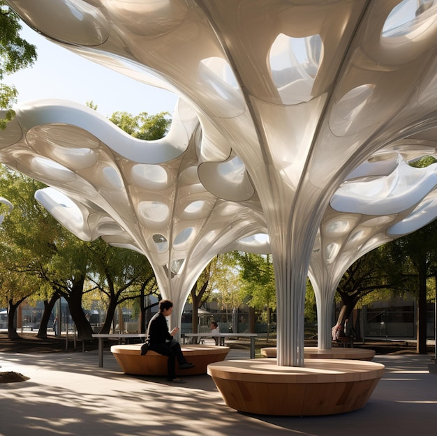 a man sits under a canopy of trees with a man sitting in the middle.