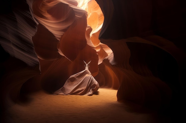 A man sits in a cave with the light shining on him.