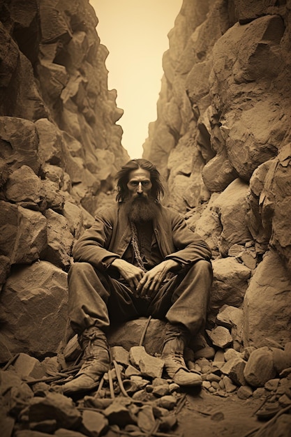 a man sits in a cave with a long beard