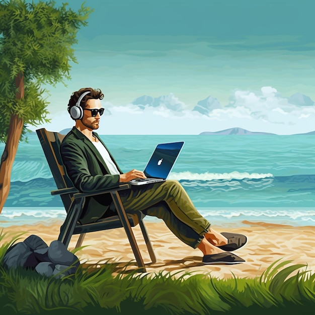 A man sits in a chair on a beach with a laptop working ai generated