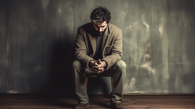 A man sits on a chair in a dark room with a grey wall behind him.