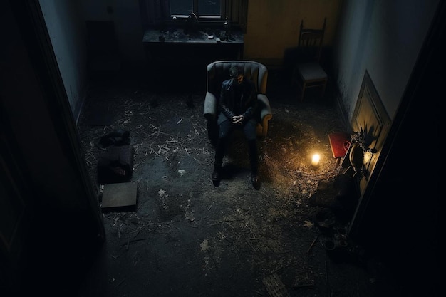 a man sits in a chair in a dark room with a lit up lamp.