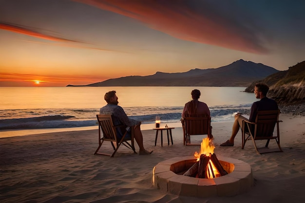 A man sits in a chair next to a fire and watches the sunset.