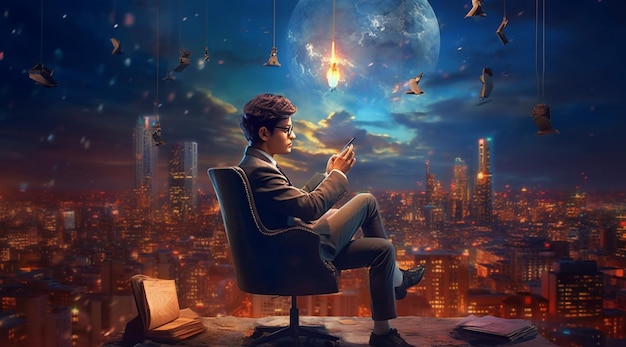 A man sits in a chair in front of a cityscape with a light bulb above him.
