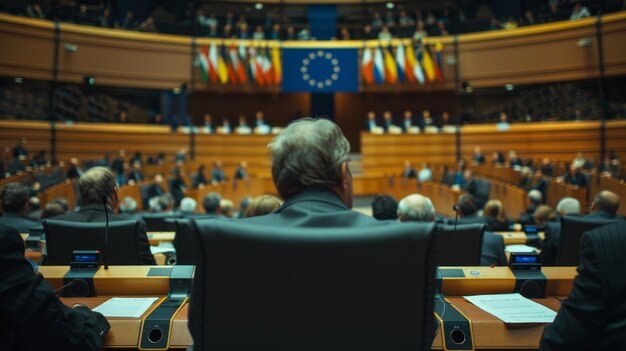 Foto un uomo si siede su una sedia di fronte a un grande pubblico