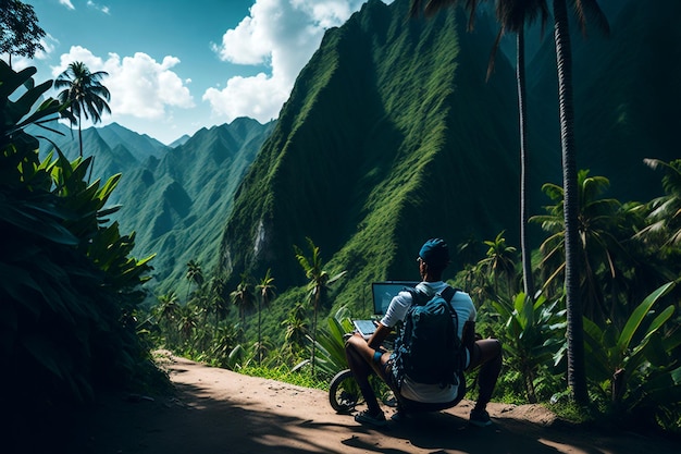 a man sits in a chair in front of a mountain with a backpack and a backpack