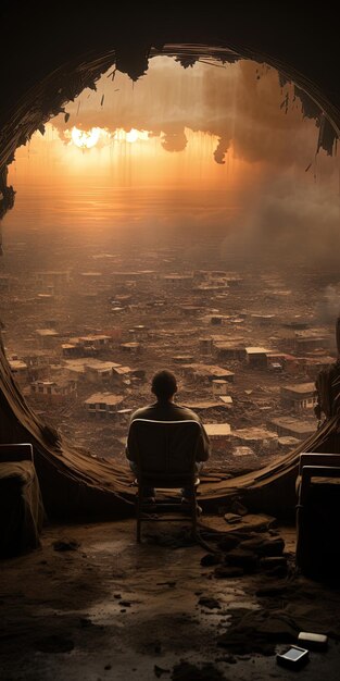 Photo a man sits on a chair in front of a sunset