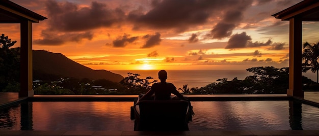 Photo a man sits in a chair in front of a sunset