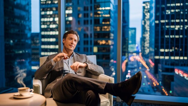 Photo a man sits in a chair in front of a window with a city skyline in the background