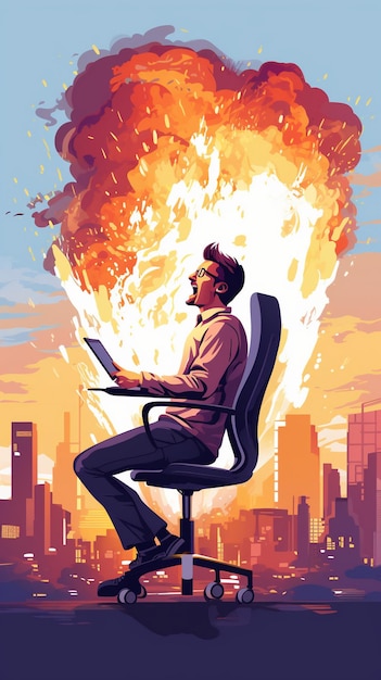 a man sits in a chair and looks at a large explosion in the background.