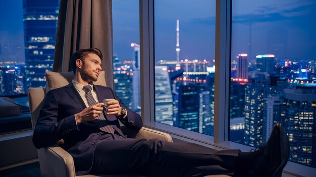 Photo a man sits in a chair and looks out a window