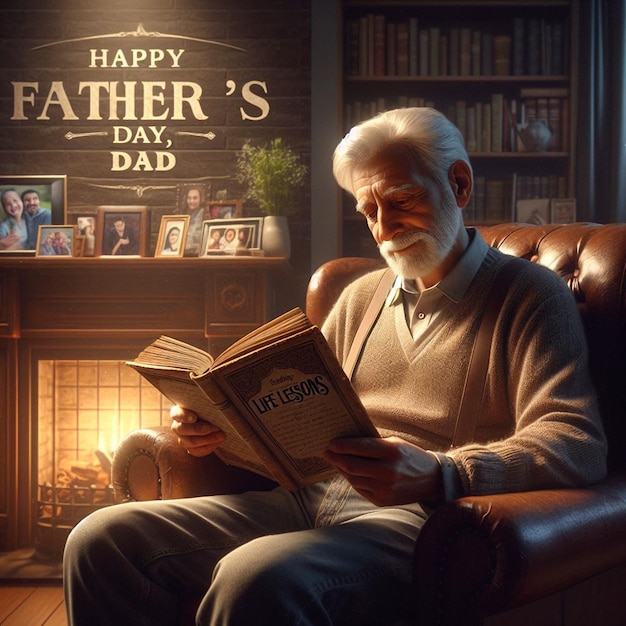 a man sits in a chair reading a book by his dad