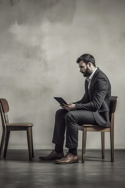 Photo a man sits on a chair and reads a book.