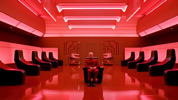 a man sits in a chair in a red room with a red light on the floor