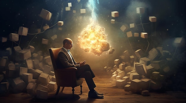 A man sits in a chair in a room with a explosion of bricks and a bomb.