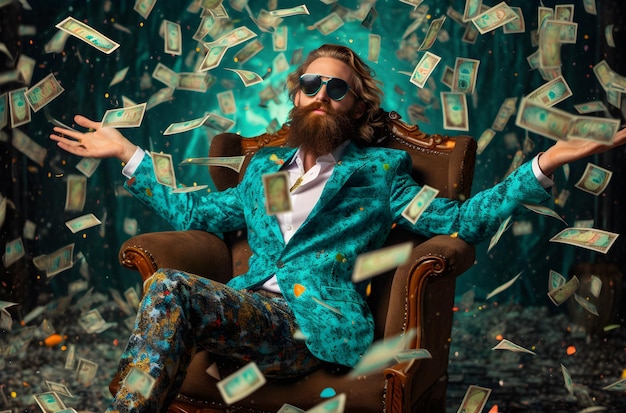 A man sits in a chair surrounded by money