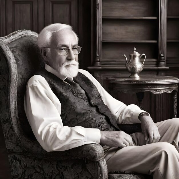 Photo a man sits in a chair with a bottle of wine