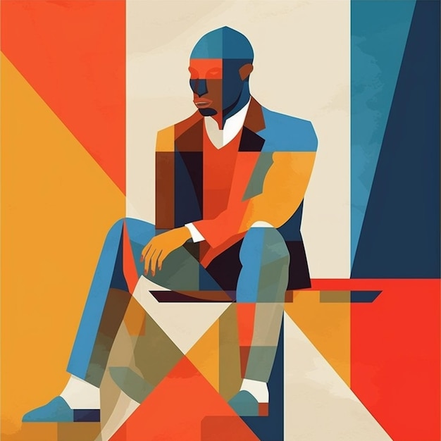 A man sits on a chair with a colorful background