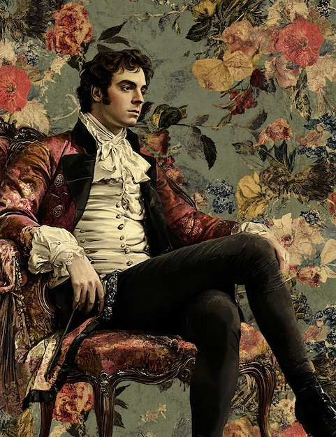 a man sits in a chair with a floral print on the back
